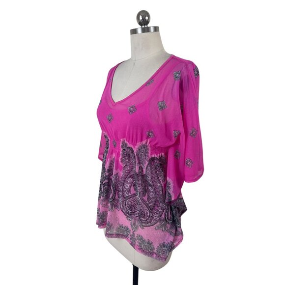 INC International Concepts Kimono Blouse Womens Petite Pink Paisley Boho Artsy - Picture 2 of 8
